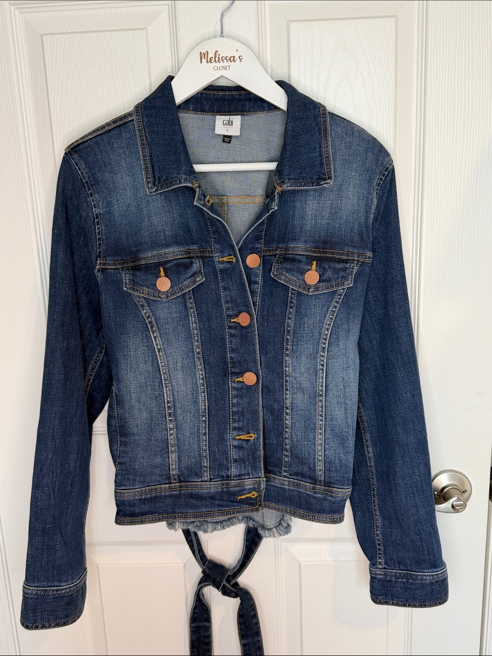Cabi Denim Jacket Women’s Large Tie Back Raw Hem Stretch Jean Jacket Blue
